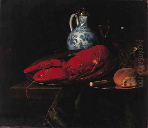 A lobster, a bun and a knife on a pewter plate, a roemer, a wine glass and a Delft jug with a Chinese blue and white silver mounted ewer - view 1