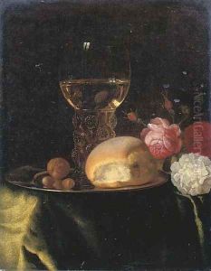 A roemer of white wine, a bread roll and nuts on a silver plate, together with roses on a green-draped table