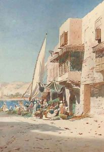 Arabs on a sunlit street before a mosque