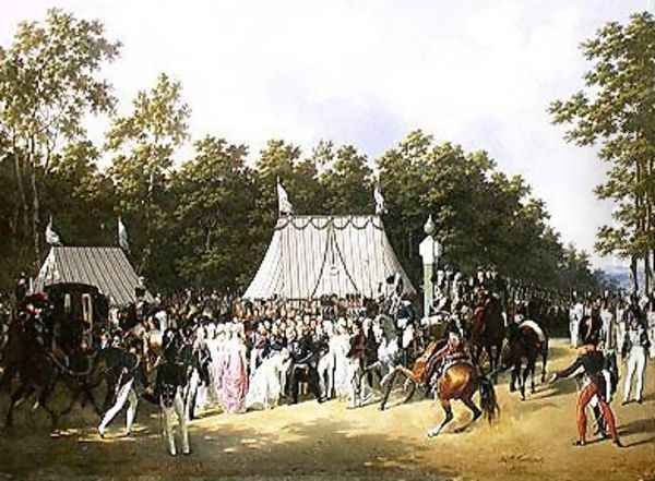 Louis XVIII 1755-1824 Greeting Marie-Caroline-Ferdinande de Bourbon Princess of Sicily at the Croix de Saint-Herem in the Forest at Fontainebleau 15th June 1816 - view 1