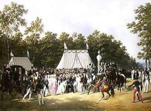 Louis XVIII 1755-1824 Greeting Marie-Caroline-Ferdinande de Bourbon Princess of Sicily at the Croix de Saint-Herem in the Forest at Fontainebleau 15th June 1816 by Hippolyte Lecomte