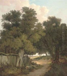 A rustic woodland track by John Berney Ladbrooke