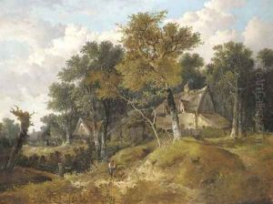 A wooded landscape with cottages and a figure resting by a stream by John Berney Ladbrooke