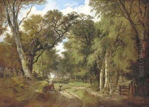 A wooded landscape with figures resting on a track