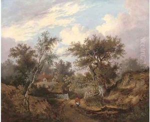 Figure by a cottage in a wooded landscape by John Berney Ladbrooke