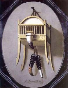 Trompe LOeil with a fowlers bird cage and whistle by Antonius Leemans