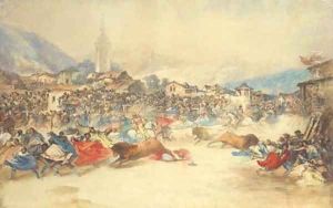 Running the bulls in the main square of a Spanish village by Eugenio Lucas y Padilla