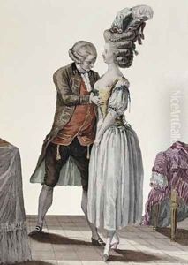 A tailor trying out a fashionable corset on a lady
