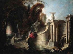 A park landscape with an elegant company conversing on a staircase