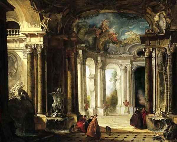The interior of a baroque palace with elegant company conversing by fountains - view 1