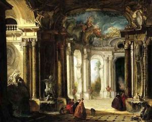 The interior of a baroque palace with elegant company conversing by fountains