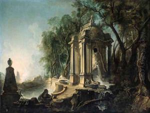 A wooded landscape with a marble pavillion and fountains, the sea beyond