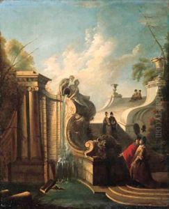 Elegant couples conversing on a staircase by a fountain