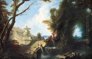 An elegant company seated on a staircase in a park with dogs playing in the foreground