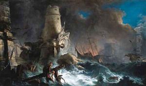 A shipwreck in stormy seas with survivors near a harbour entrance