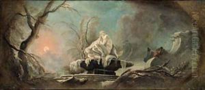 Winter a frozen fountain with figures on a staircase