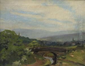 Figures Crossing A Stone Bridge In A Wooded Landscape With A Village And Hills Beyond by Sir Alfred East