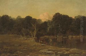 Cattle Watering In A Peaceful River Landscape Cattle Watering In A Peaceful River Landscape