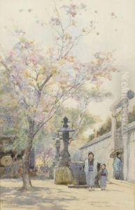 A Japanese Street Scene With Trees In Blossom by Sir Alfred East