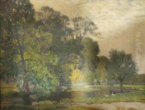 Landscape Ofriver Meandering Through Fields With Mature Trees by Sir Alfred East