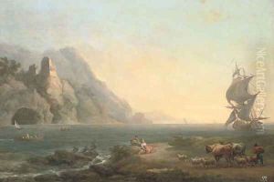 A rocky coastal landscape with fishermen and drovers in the foreground, a ship beyond by Loutherbourg, Philippe de