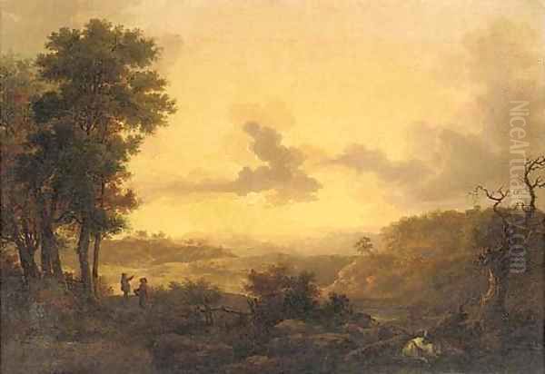 An extensive valley landscape at sunset with figures and cattle - view 1