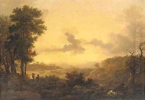 An extensive valley landscape at sunset with figures and cattle by Loutherbourg, Philippe de