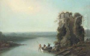 Fishermen in a boat before a tower ruin, in an extensive landscape Fishermen in a boat before a tower ruin, in an extensive landscape