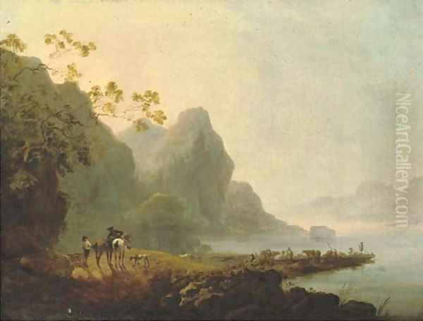 Wooded lakeside landscape with figures and horses in the foreground and figures, livestock and a ferry beyond - view 1