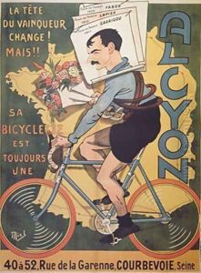 Poster advertising Alcyon cycles with the winners of Tour de France Faber 1909 by Michel, called Mich Liebeaux