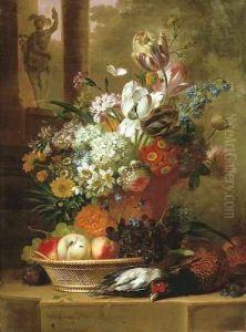 Flowers, fruit and dead game on a stone ledge by Willem van Leen
