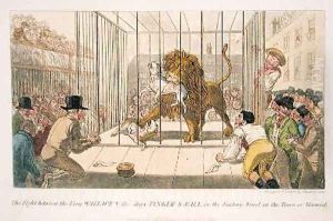 The Fight between the Lion Wallace and the Dogs Tinker and Ball in the Factory Yard in the Town of Warwick by Theodore Lane