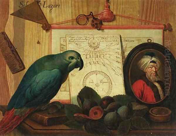 A trompe-l'oeil still life with a parrot on a book, figs, a portrait miniature of a turbaned man, a navigational chart, a comb and a magnifying glass - view 1