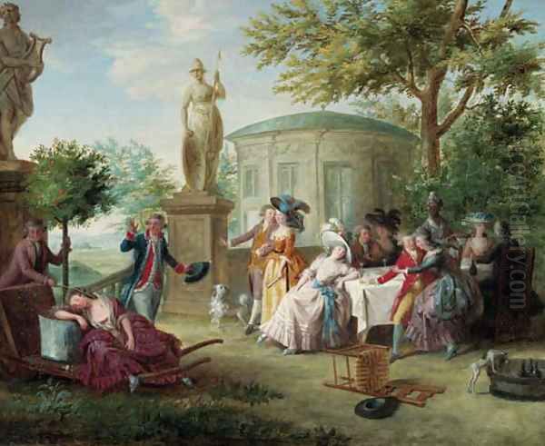 Elegant company dining in an ornamental garden, a rotunda and a landscape beyond - view 1