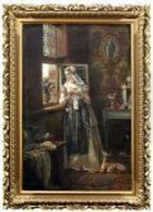 Saloninterieur Mit Einer Strickenden Dame Am Fenster by Otto Eerelman