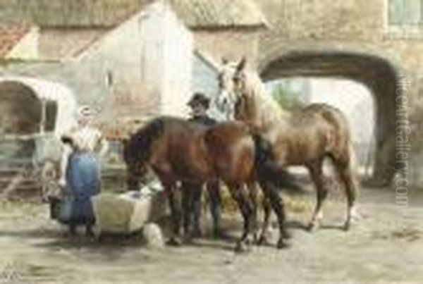 Tending To The Horses In A Courtyard - view 1