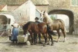 Tending To The Horses In A Courtyard by Otto Eerelman
