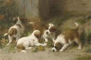 Saint Bernard Puppies Playing With Indian Cress by Otto Eerelman