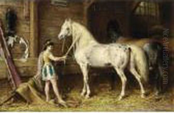 A Circus Girl Grooming The Horses - view 1