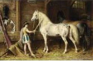 A Circus Girl Grooming The Horses
