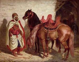 An Arab with two horses by Francois-Hippolyte Lalaisse