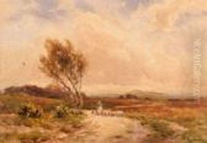 Shepherd With Sheep In A Windswept Country Lane