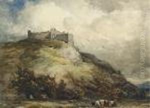 Cattle Grazing Below A Ruined Castle On A Stormy Day by Wycliffe Egginton
