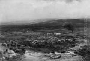 Sheep Grazing In A Meadow; And Horses Beside A Stream In A Moorlandlandscape by Wycliffe Egginton