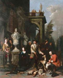 A family hunting group outside a Neoclassical mansion
