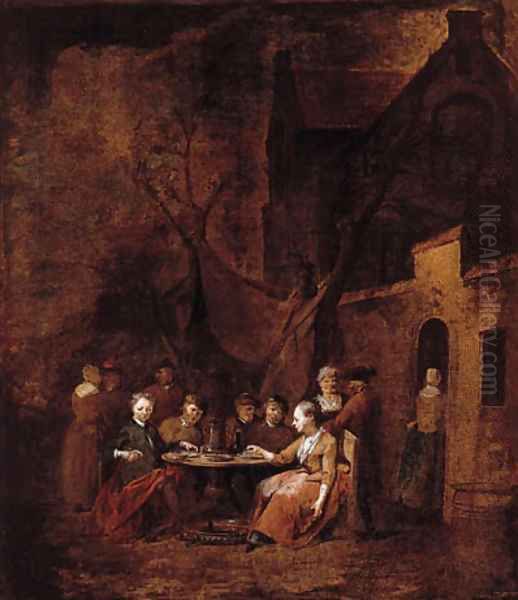 Country folk seated at tables outside inns - view 1