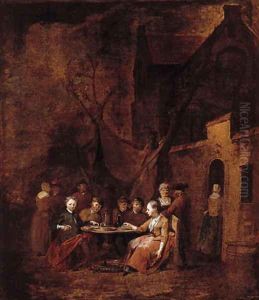 Country folk seated at tables outside inns by Jan Baptist Lambrechts