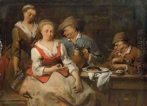 Mixed company smoking and drinking in an interior by Jan Baptist Lambrechts