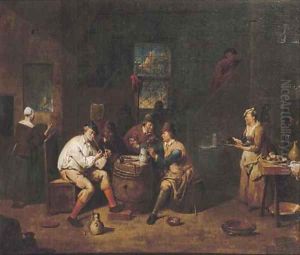 Peasants smoking and drinking in a tavern by Jan Baptist Lambrechts