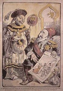 Cartoon indicting the hypocrisy and double standards of Western Europe in their criticism and behaviour towards China and the Ottoman Empire by A Lemot